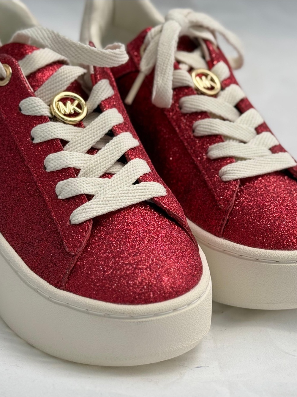 Michael Kors Red Glitter Platform Sneakers with Cream Laces and Gold MK Accent